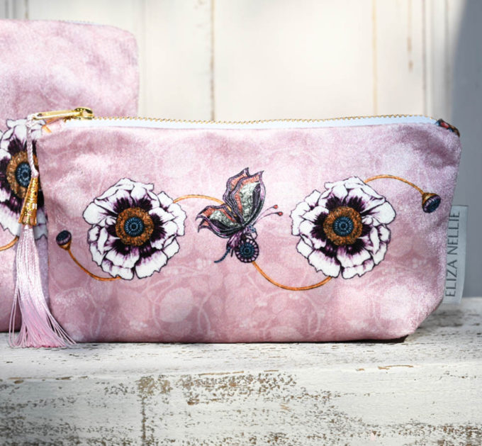 Velvet make up bag, pink, Mystical Garden