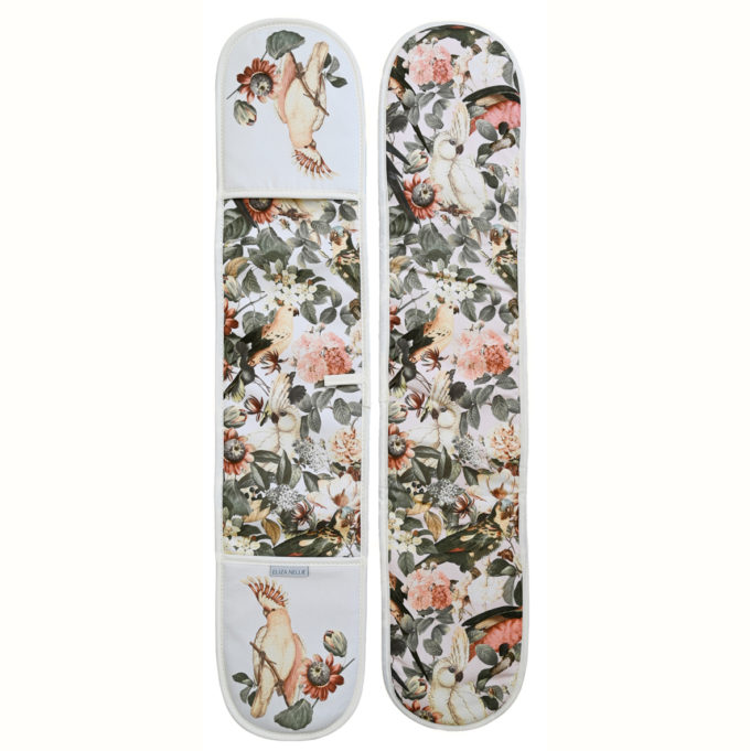 Tropical birds and flowers oven gloves, cream & green